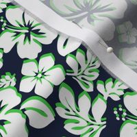 White and Lime Green Hawaiian Flowers on Navy Blue - Extra Small Scale -