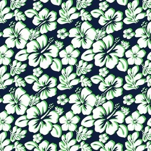 White and Lime Green Hawaiian Flowers on Navy Blue - Extra Small Scale -