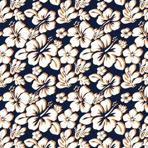 White and Orange Hawaiian Flowers on Navy Blue - Extra Small Scale -
