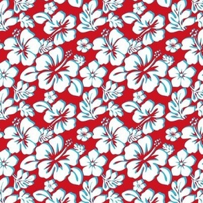 White and Aqua Hawaiian Flowers on Red - Extra Small Scale -
