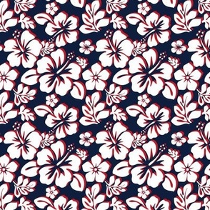 White and Red Hawaiian Flowers on Navy Blue - Extra Small Scale -