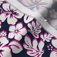 White and  Hot Pink Hawaiian Flowers on Navy Blue - Extra Small Scale -