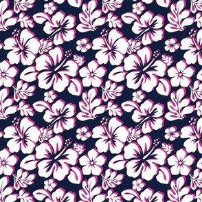 White and  Hot Pink Hawaiian Flowers on Navy Blue - Extra Small Scale -