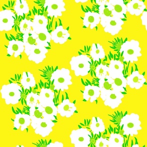 White Flower Bunch Neon Yellow Meadow Floral Wildflower Field With Lime Green Retro Modern 70’s Grandmillennial Trend Repeat Ditzy Wallpaper Style Pattern 