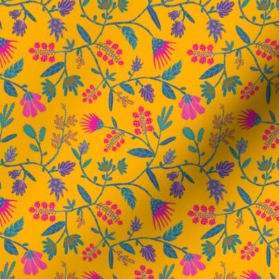 Euphoria (S), maximalist bold floral in vibrant colors with a playful and whimsical feel, handdrawn, sunny yellow