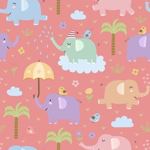 Playful Elephants Pattern on Pink, Large Scale