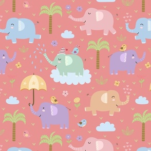 Playful Elephants Pattern on Pink, Medium Scale