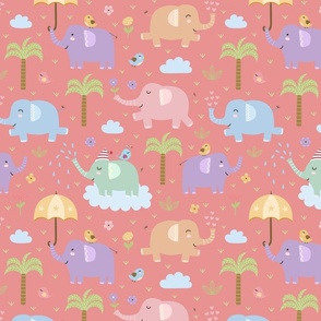 Playful Elephants Pattern on Pink, Small Scale