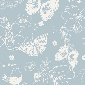 Whimsical garden butterflies and birds silhouette pastel baby blue