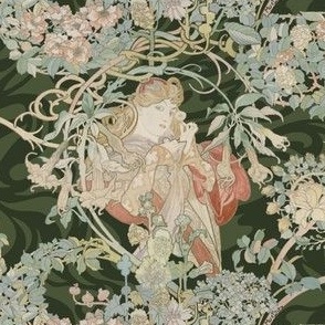 1898 Vintage "Lady with Daisy" by Alphonse Mucha - on Swirling Dark Sage Green