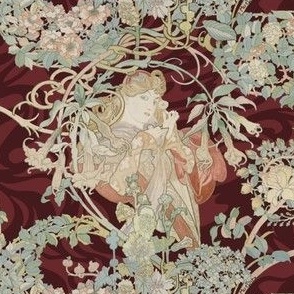 1898 Vintage "Lady with Daisy" by Alphonse Mucha - on Swirling Berry