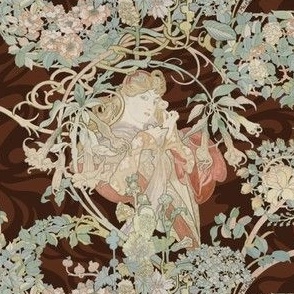 1898 Vintage "Lady with Daisy" by Alphonse Mucha - on Swirling Warm Chocolate