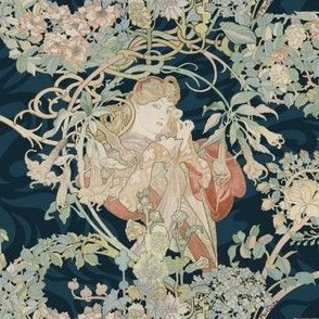 1898 Vintage "Lady with Daisy" by Alphonse Mucha - on Swirling Cerulean