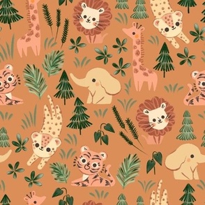 Wild Jungle green forest zoo animals - lion tiger cheetah giraffe elephant - terracotta orange background