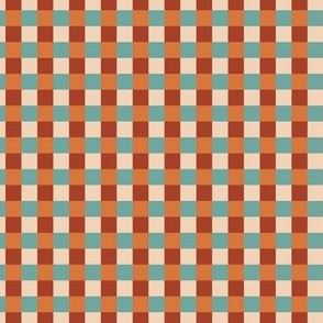 Kitsch retro checkerboard teal, orange, rust and beige (small)