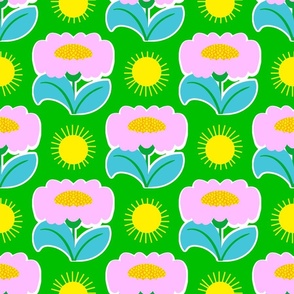 It’s Gonna Be A Great Day! Mini Fun Cheerful Daisy Flowers Pastel Pink And Blue With Bright Yellow Sunshine Wallpaper Style Half-Drop Pattern On Grass Green