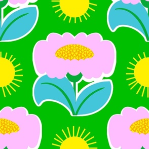 It’s Gonna Be A Great Day! Fun Cheerful Daisy Flowers Pastel Pink And Blue With Bright Yellow Sunshine Wallpaper Style Half-Drop Pattern On Grass Green