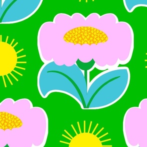 It’s Gonna Be A Great Day! Big Fun Cheerful Daisy Flowers Pastel Pink And Blue With Bright Yellow Sunshine Wallpaper Style Half-Drop Pattern On Grass Green
