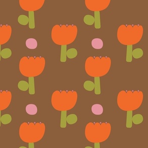 Mod Country Flowers in Burnt Orange with Rose Pink and Brown - Medium Scale