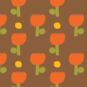 Mod Country Flowers in Burnt Orange with Gold and Brown - Medium Scale
