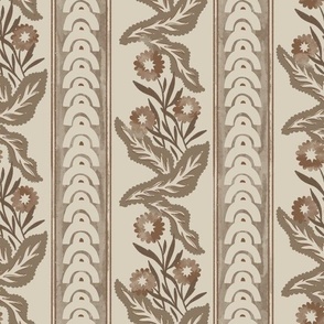  / more colors in the JULIETTE collection(M) Juliette_abstract arches, stripes, flowers and Leaves in shades of dark rusty browns on a muted off-white background