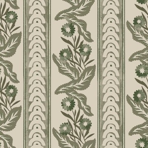 (M) Juliette_abstract arches, stripes, flowers and Leaves in shades of dark sage green on a muted off-white background / more colors in the JULIETTE collection