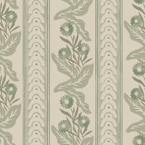 (M) Juliette_abstract arches, stripes, flowers and Leaves in shades of sage green on a muted off-white background / more colors in the JULIETTE collection