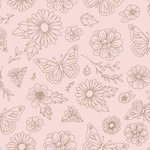 Butterfly Floral Line Art - Pink and Brown