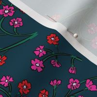 Frog flowers on denim blue with red and hot pink Large scale MULTIDIRECTIONAL