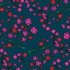 Frog flowers on denim blue with red and hot pink Large scale MULTIDIRECTIONAL