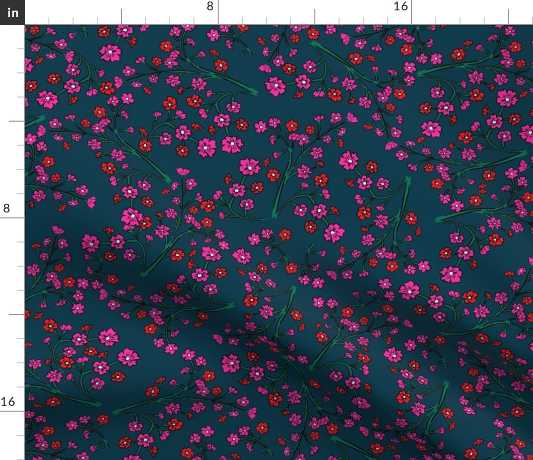 Frog flowers on denim blue with red and hot pink Large scale MULTIDIRECTIONAL