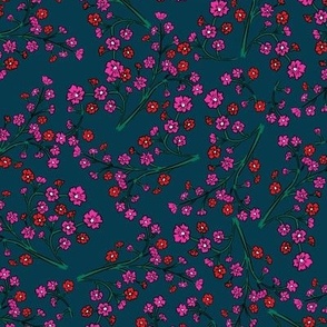 Frog flowers on denim blue with red and hot pink Medium scale MULTIDIRECTIONAL