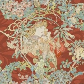 1898 Vintage "Lady with Daisy" by Alphonse Mucha - on Swirling Light Mahogany - Original Color