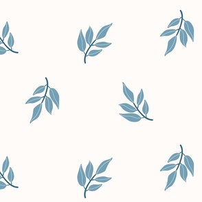 Elegant Simple Light Blue Leaves on White Background Large Scale 24in repeat