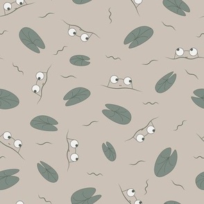 Frogs in Water with Lillypad Leaves in Taupe and Sage Green with Chantilly White