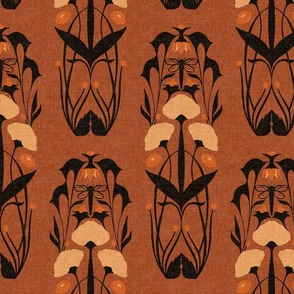 Larger Scale // Art Nouveau Botanical Motif with Dragonfly and Florals in Burnt Sienna Cinnamon