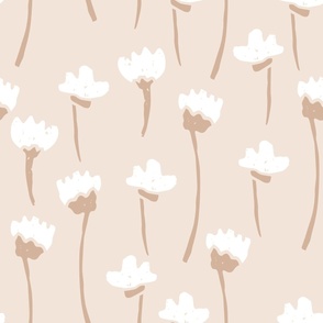 Warm Minimalist Wallpaper - Organic Wonky Flowers - Neutral Tan Cotton Flowers - Minimalistic Flowers - Boho Floral Wallpaper - Light Tan and Cream