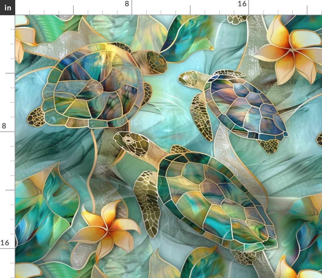 Stained Glass Sea Turtles and Flowers