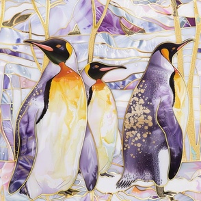 Stained Glass Watercolor Emperor Penguins in the Snow