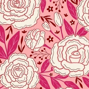 Delicate roses - White on pink background - Medium scale