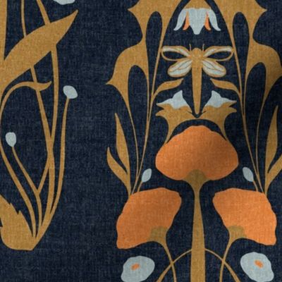 Large Scale // Art Nouveau Botanical Motif with Dragonfly and Florals in Blue Peach and Gold