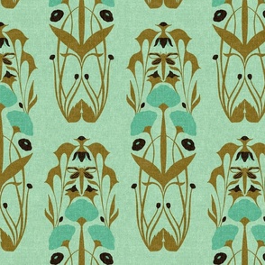 Larger Scale // Art Nouveau Botanical Motif with Dragonfly and Florals in Mint Green and Gold