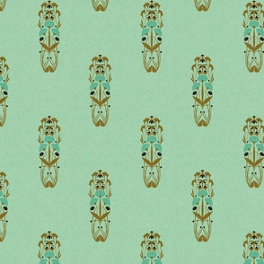 Medium Scale // Art Nouveau Sparse Botanical Motif with Dragonfly and Florals in Mint Green and Gold