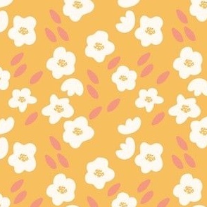 Small - Full Bloom - Spring Floral - Abstract Flowers - Yellow Blooms - Spring Flowers - Mustard Yellow x Coral x Ivory