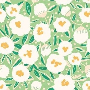 Small - Floral Clouds - Peony Blooms - Spring Floral - Spring Green - Grass Green - White Peony 