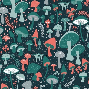 Mushroom Forest - Green and Coral - Fungi - Fungus - Magical Forest - Nature - Food - Garden - Teal - Red - Mushroom Wallpaper