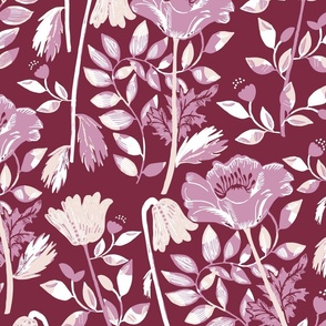 LARGE: Pale pink light maroon Cosy Blooms filled with stylised Flowers on Maroon