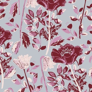 LARGE: Maroon light beige Blooms filled with stylised Flowers on light blue grey