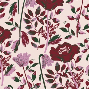 LARGE: Maroon deep pink Cosy Blooms filled with stylised Flowers on Beige