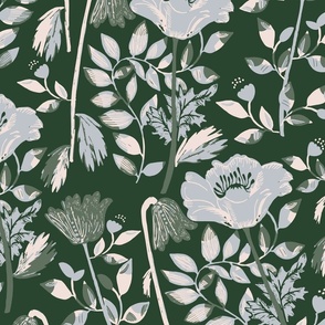 LARGE: Forest green Cosy Blooms filled with stylised Flowers in Shades of green